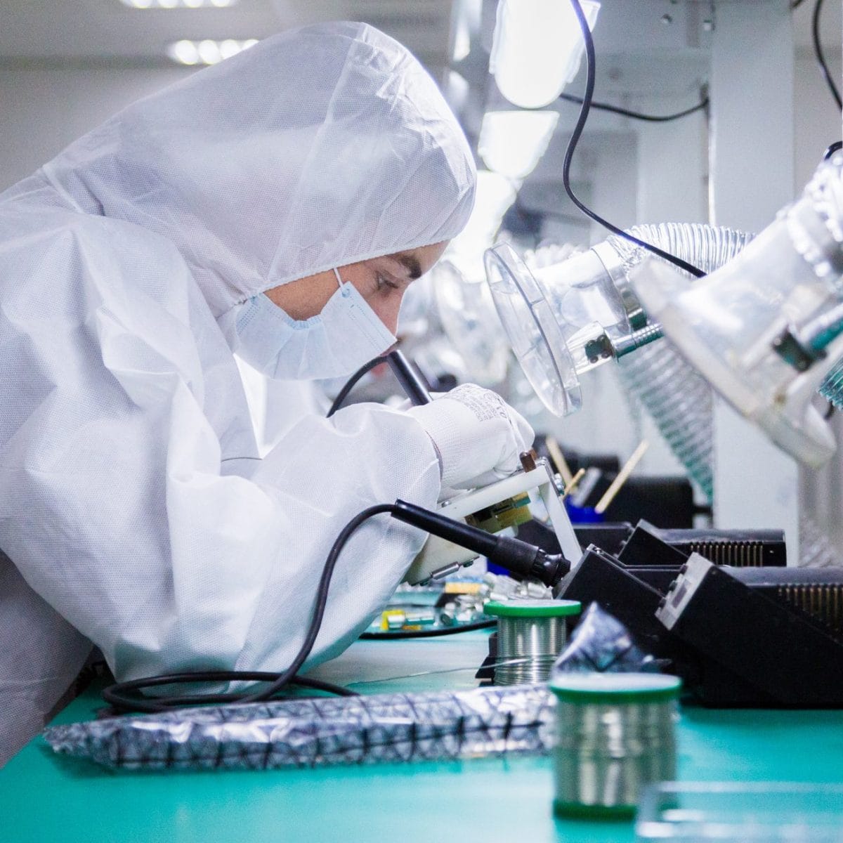 people in white isolating costumes working in laboratory