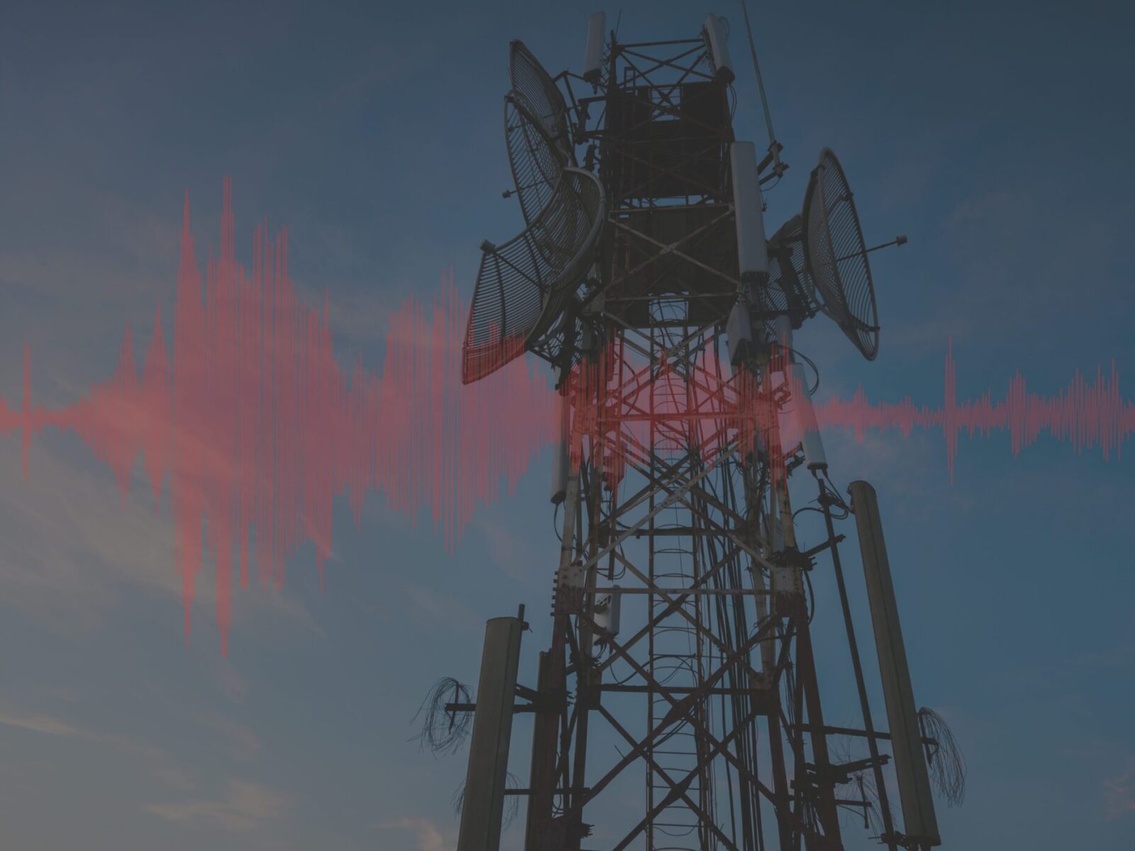 Red signal wave over radio tower background.